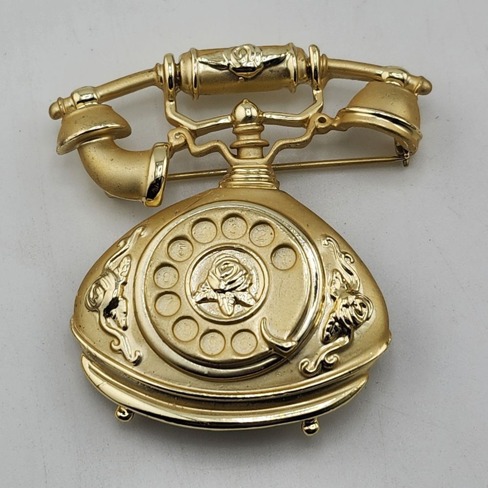 Vintage Ringing Telephone Brooch Pin Phone Rose Flower Gold Tone Not Working